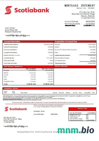 Bahamy Bank Scotiabank wyciąg z kredytu hipotecznego szablon Word i PDF